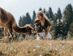 Naturhotel Landhof Irschen Ein Alpaka und eine Frau auf der Wiese in der Nähe des Naturhotels Landhof Irschen